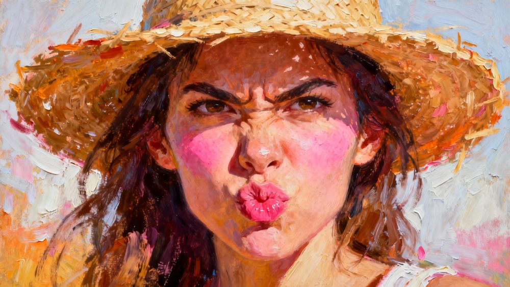 麦わら帽子をかぶった女性　怒り顔　赤面