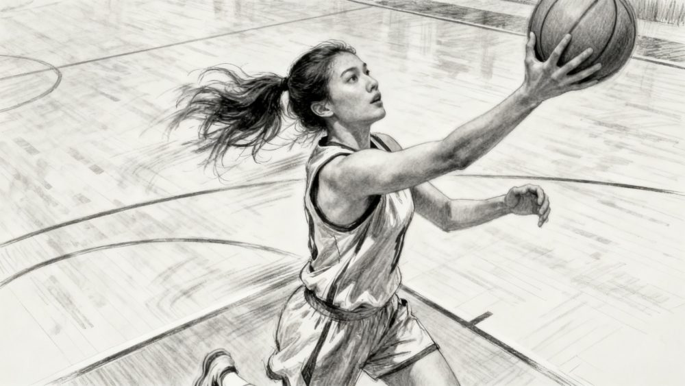 バスケットボールをする女性　ダイナミックアングルで作成した手書き風AIイラスト