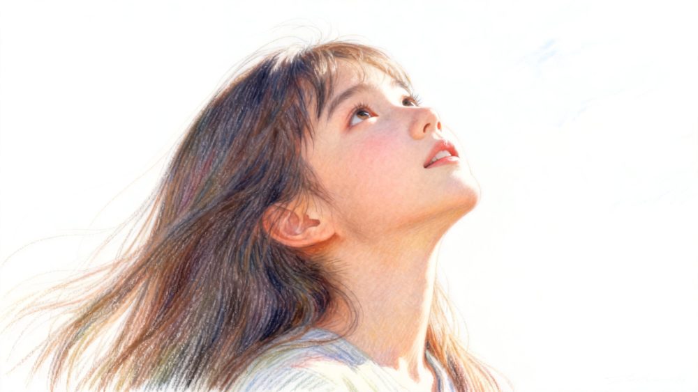 空を見上げている美少女　白い背景で作成した手書き風AIイラスト