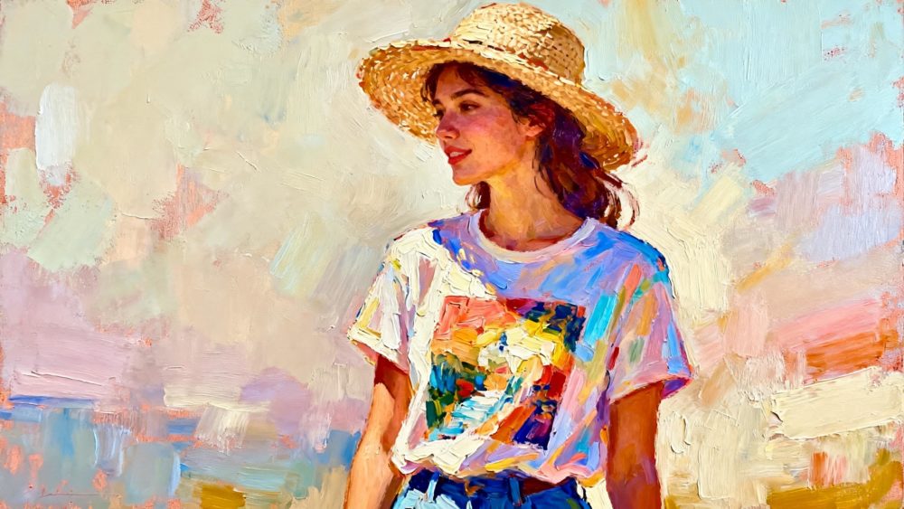 麦わら帽子をかぶった女性　Tシャツ