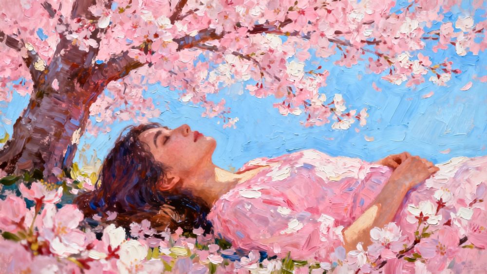 桜の木の下で寝転がっている女性　ピンク　水色の空で作成したAIイラスト